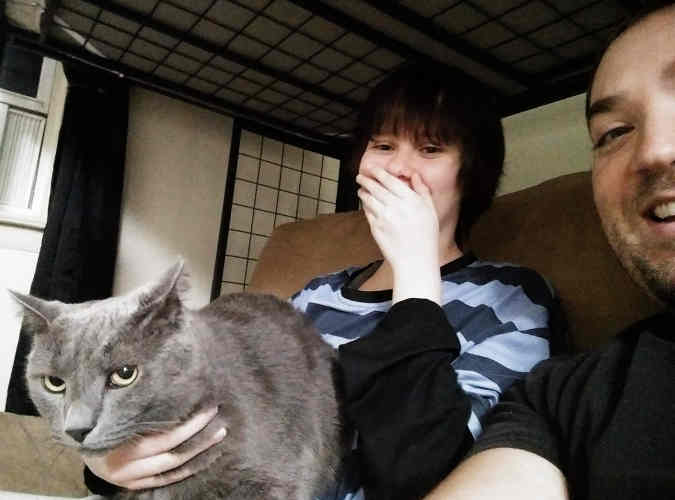 Lucky, Riley, and Kevin on Riley's new futon